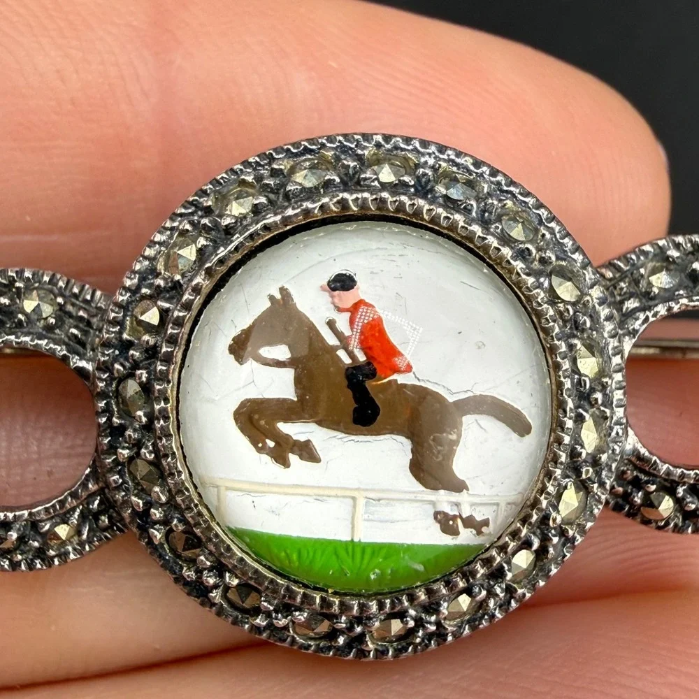 Vintage Sterling Silver Brooch Marcasite Equestrian Hunt Bar
